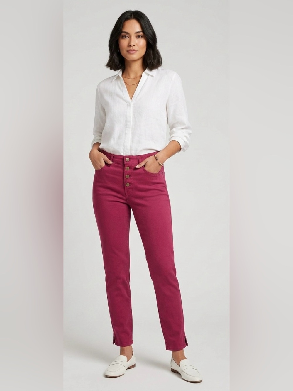Purificación García Magenta Red High-Waisted Button-Fly Cropped Slim Jeans